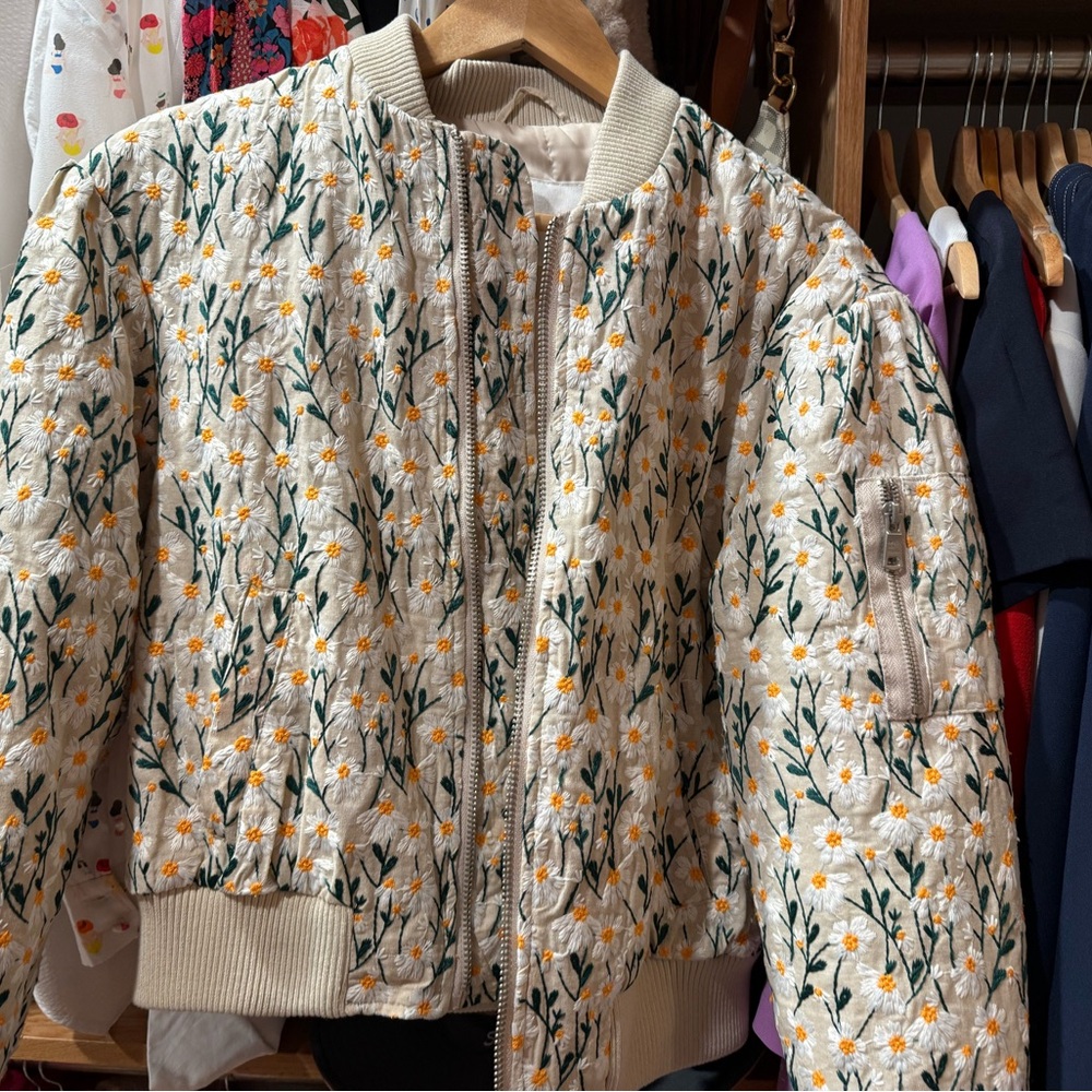 Avec Les Filles Floral Kids Puffer Jacket - Cream and Green